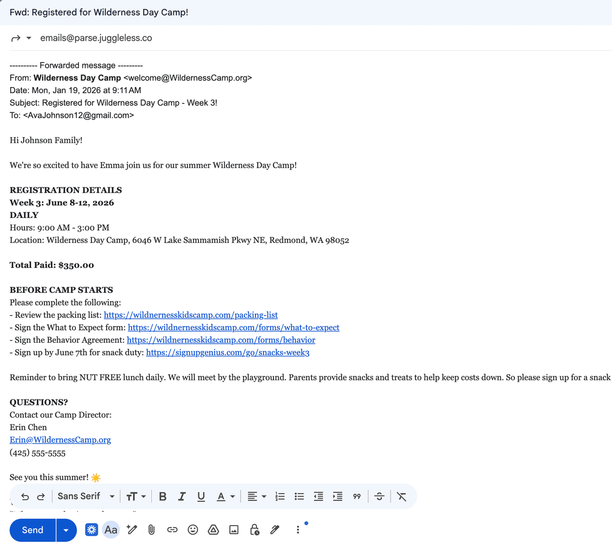 Sample email from Wilderness Day Camp