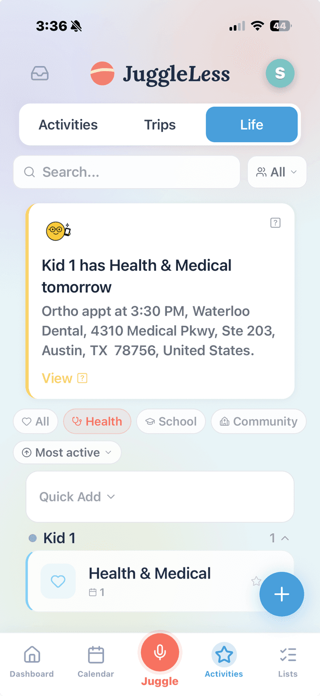 Life tab showing health and medical appointment for Kid 1