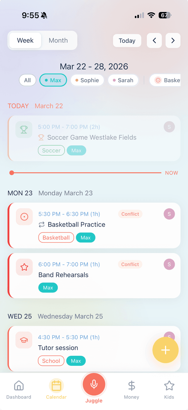 Calendar with conflict detection and kid filters