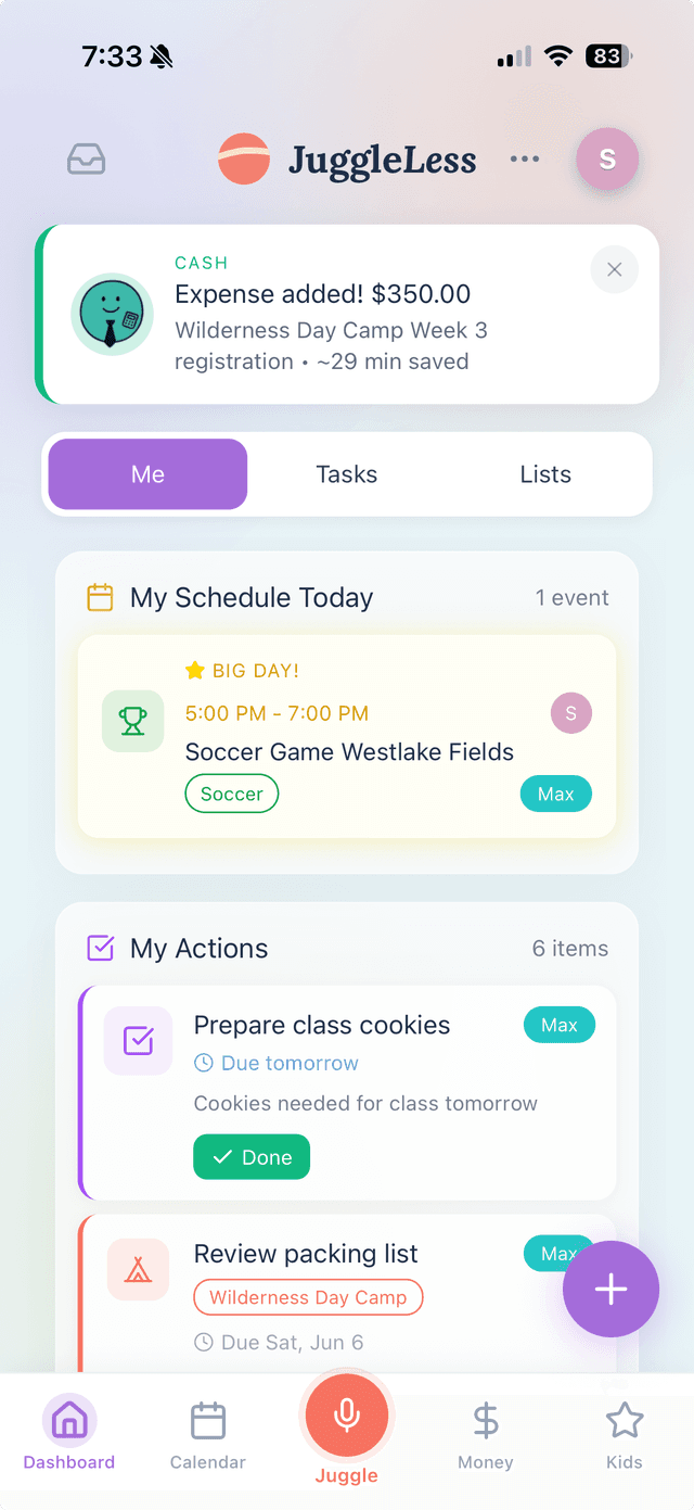 JuggleLess dashboard showing today's schedule, tasks, and expenses