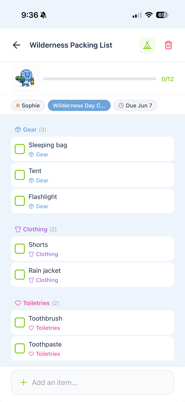 Wilderness Packing List with categories and progress